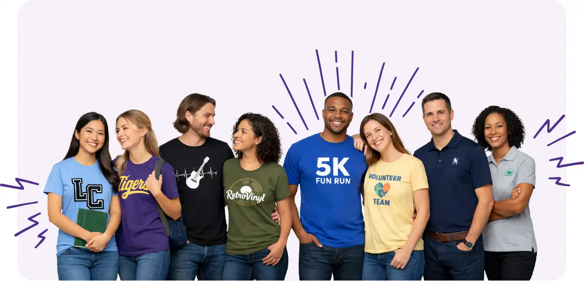 Group wearing custom screen printed apparel for schools, churches, teams, and events